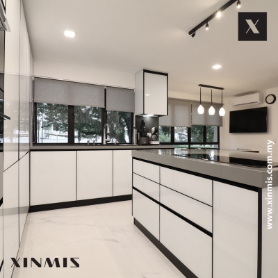 Malacca White Door Black Frame Aluminium Kitchen Cabinet With Island Table Design Sample