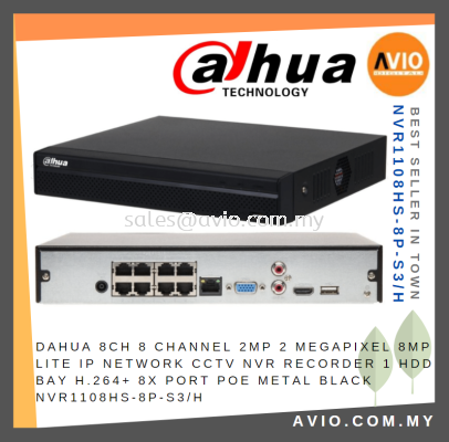 Dahua 8CH 8 Channel 8MP 2 Megapixel 8MP Lite 1 HDD Bay 8x POE Port IP Network CCTV NVR Recorder NVR1108HS-8P-S3/H