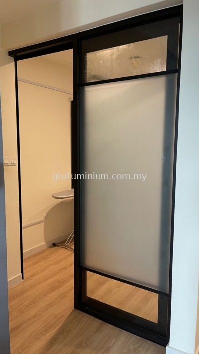 aluminium powder coated black + 5mm frosted glass + Hanging sliding doors and fix glass @Metropolitan Square Condominium, Damansara Perdana, Kuala Lumpur 