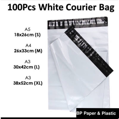 100pcs White Flyer Plastic Courier Parcel Bag with pocket/pkt Packaging Plastic Bag