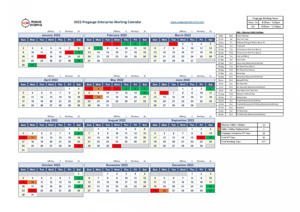 2021- Progauge Enterprise Working Calendar