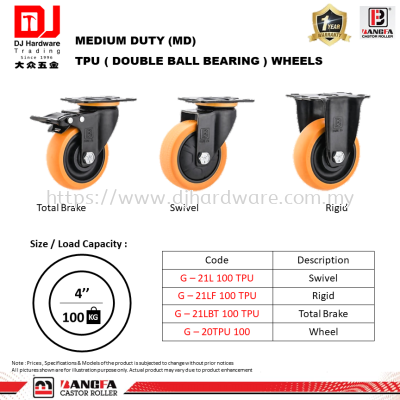 BANGFA CASTOR ROLLER MEDIUM DUTY MD TPU DOUBLE BALL BEARING WHEELS 4'' 100KG SWIVEL RIGID TOTAL BRAKE WHEEL