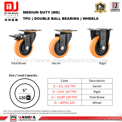 BANGFA CASTOR ROLLER MEDIUM DUTY MD TPU DOUBLE BALL BEARING WHEELS 5'' 120KG SWIVEL RIGID TOTAL BRAKE WHEEL