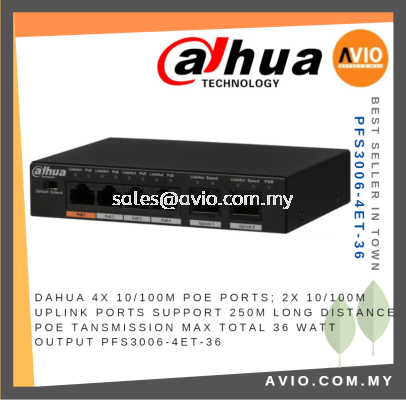 DAHUA 4 POE Switch 4x POE Port + 2 Uplink Port Support 250 Meter POE Transmission Max Total 36W Output PFS3006-4ET-36