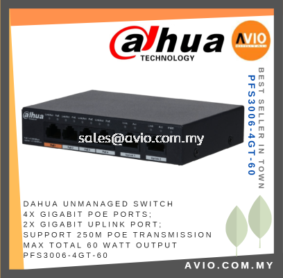 DAHUA Unmanaged 4 POE Switch Switches 4x Gigabit POE 2x Gigabit Uplink 250m POE Transmission Max 60 Watt PFS3006-4GT-60