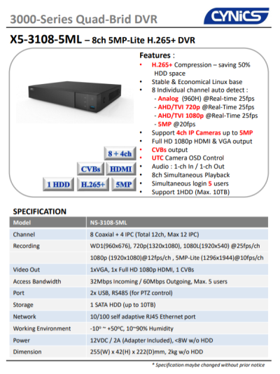 Cynics 5MP-Lite 8ch. DVR X5-3108-5ML