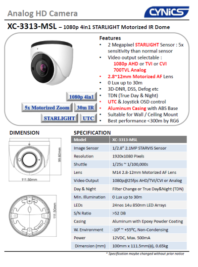 Cynics 2MP 4 In 1 Starlight Motorized IR Dome Camera XC-3313-MSL