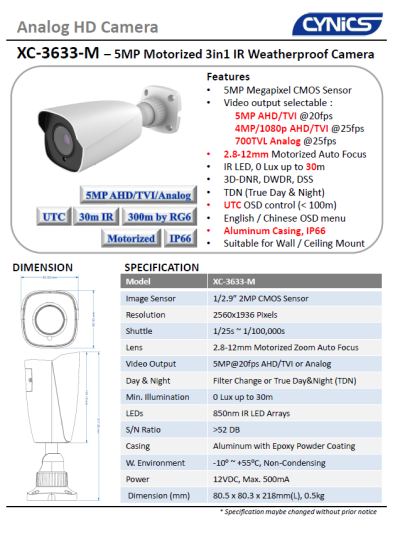 Cynics 5MP 3 In 1 Motorized IR Bullet Camera XC-3633-M