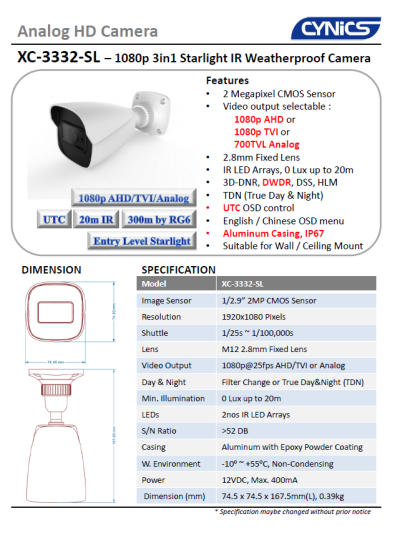 Cynics 2MP 3 In 1 Starlight IR Bullet Camera XC-3332-SL