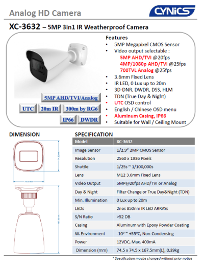 Cynics 5MP 3 In 1 IR Bullet Camera XC-3632