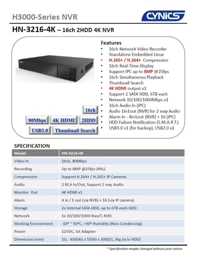 Cynics 8MP 16 Channel 2HDD 4K NVR HN-3216-4K