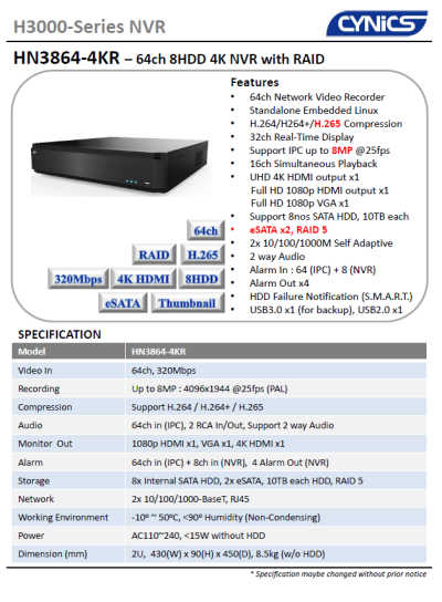 Cynics 8MP 64 Channel 8HDD NVR with Raid HN-3864-4KR