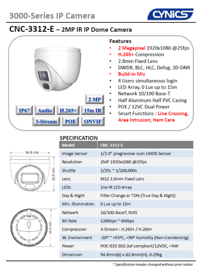 Cynics 2MP IR IP Dome Camera CNC-3312-E