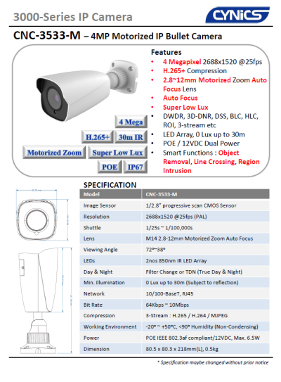 Cynics 4MP Motorized IP Bullet Camera CNC-3533-M