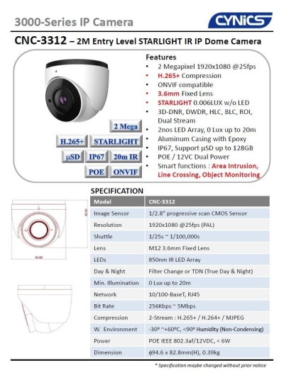 Cynics 2MP Entry Level Starlight IP Dome Camera CNC-3312