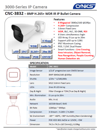 Cynics 8MP WDR IR IP Bullet Camera CNC-3832