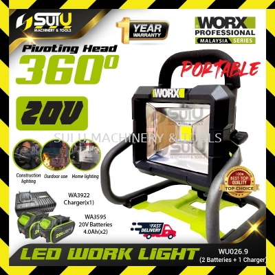 WORX WU026.9 20V 360 LED Work Light 20W w/ 2 x Batteries 4.0Ah + Charger