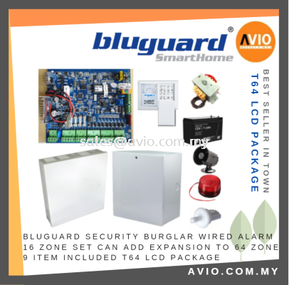 Bluguard Security Burglar Wired Alarm 16 Zone Set Package can add Expansion to 64 Zone 9 Item Included T64 LCD PACKAGE