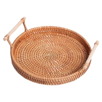 Tray Round Rattan w. Bamboo Handle