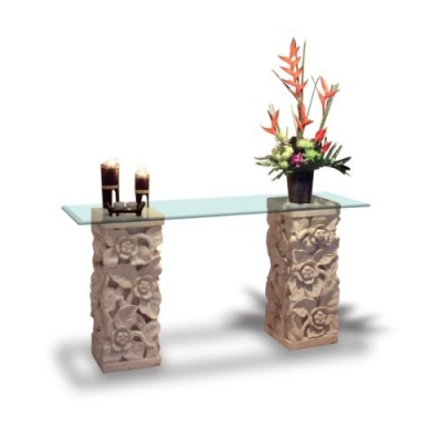 F 023 Console Carved Stone w. Glass Top