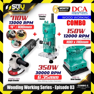 [SET C] WOOD WORKING SERIES - COMBO SERIES 03 DCA  ASB100 Orbital Sander + ASM03-100A 4" Angle Grinder + AMP02-6 Trimmer Router