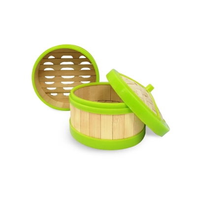 Bamboo Steamer With Green Rubber Frame and Lid