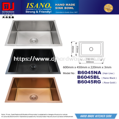 ISANO HAND MADE SINK BOWL 600MM X 450MM X 220MM X 3MM HAIR LINE NANO BLACK ROSE GOLD B6045NA BL RG (CL)