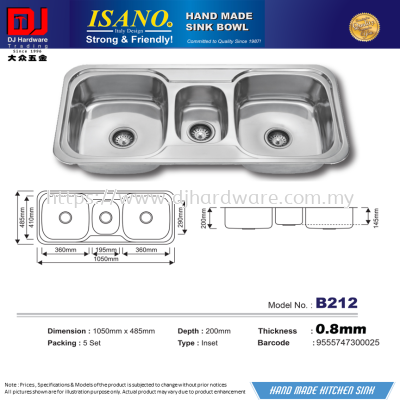 ISANO HAND MADE SINK BOWL 1050MM X 485MM X 200MM X 0.8MM B212 9555747300025 (CL)