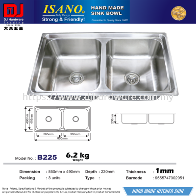 ISANO HAND MADE SINK BOWL 850MM X 490MM X 230MM X 1MM B225 6.2KG 9555747302951 (CL)