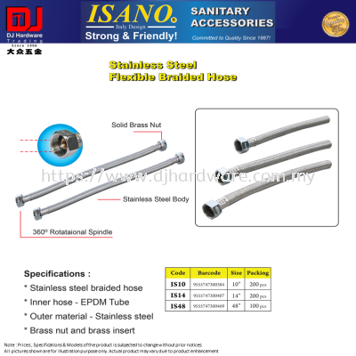 ISANO SANITARY ACCESSORIES STAINLESS STEEL FLEXIBLE BRAIDED HOSE 10'' 14'' 48'' (CL)