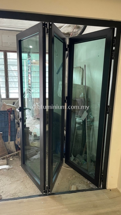 Heavy duty folding door ( powder coated black + 5mm green glass) 