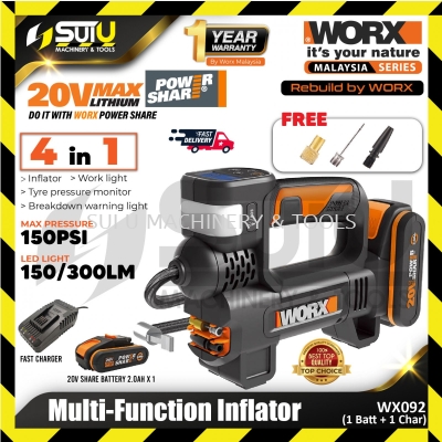 WORX WX092 20V 4in1 Multi-Function Inflator 300LM with 3 Bits + 1 x Battery 2.0Ah + Charger