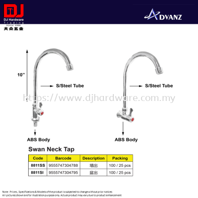 ISANO STRONG & FRIENDLY SWAN NECK TAP STAINLESS STEEL TUBE ABS BODY 10'' 8811SS 8811SI (CL)