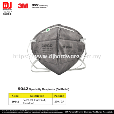 3M GOOD QUALITY DISPOSABLE RESPIRATOR 9042 SPECIALITY RESPIRATOR OV RELIEF VERTICAL FLAT FOLD HEADBAD 39042(CL)