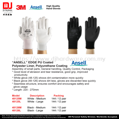 3M ANSELL HIGH QUALITY HAND GLOVES ANSELL EDGE PU COATED POLYESTER LINER POLYURETHANE COATING WHITE BLACK MEDIUM LARGE (CL)