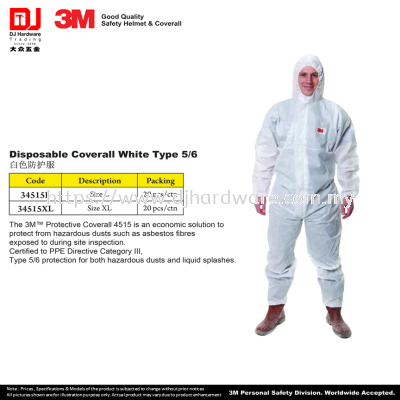 3M GOOD QUALITY SAFETY HELMET COVERALL DISPOSABLE PROTECTIVE COVERALL WHITE TYPE 5-6 SIZE L SIZE XL (CL)