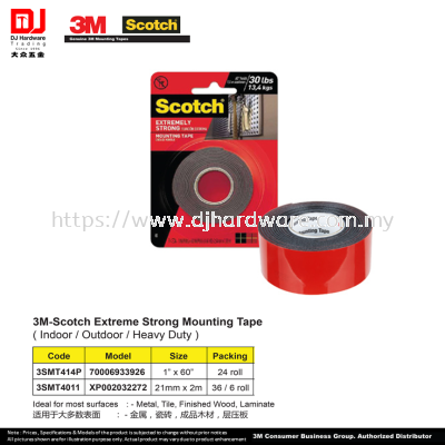 3M SCOTCH GENUINE 3M MOUNTING TAPE 3M SCOTCH EXTREME STRONG MOUNTING TAPE INDOOR OUTDOOR HEAVY DUTY 1'' X 60'' 21MM X 2M (CL)