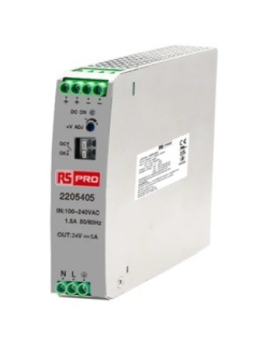  220-5405 - RS PRO DIN Rail Power Supply 85  264 V ac, 120  370 V dc Input, 24V Output, 5A 120W