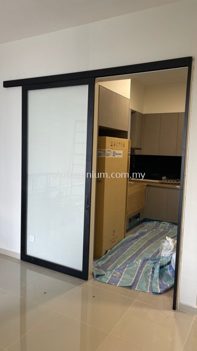 One panel hanging sliding ( powder coated black + clear glass) @Nidoz Residences