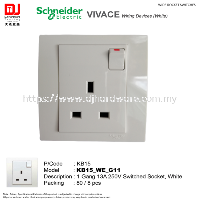 SCHNEIDER ELECTRIC VIVACE WIRING DEVICES WHITE WIDE ROCKET SWITCHES 1 GANG 13A 250V SWITCHED KB15 (CL)