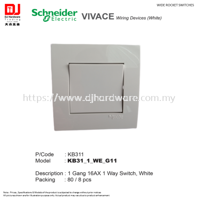 SCHNEIDER ELECTRIC VIVACE WIRING DEVICES WHITE WIDE ROCKET SWITCHES 1 GANG 16AX 1 WAY SWITCH KB311 (CL)