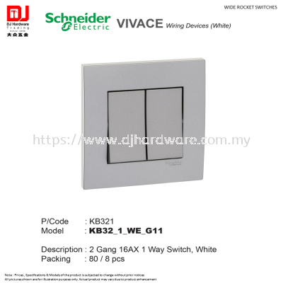 SCHNEIDER ELECTRIC VIVACE WIRING DEVICES WHITE WIDE ROCKET SWITCHES 2 GANG 16AX 1 WAY SWITCH KB321 (CL)