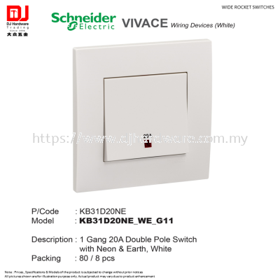 SCHNEIDER ELECTRIC VIVACE WIRING DEVICES WHITE WIDE ROCKET SWITCHES 1 GANG 20A DOUBLE POLE SWITCH (CL)