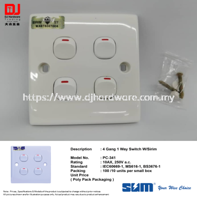 SUM YOUR WISE CHOISE 4 GANG 1 WAY SWITCH WITH SIRIM PC341 (CL)