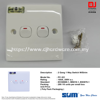 SUM YOUR WISE CHOISE 2 GANG 1 WAY SWITCH WITH SIRIM PC321 (CL)