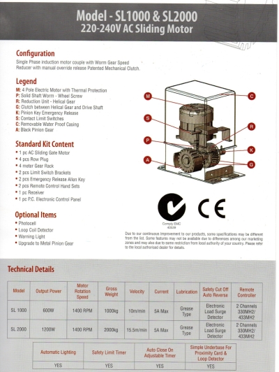 G-FORCE SL1000KG & 2000KG AC SLIDING MOTOR (FOR SLIDING GATE) 