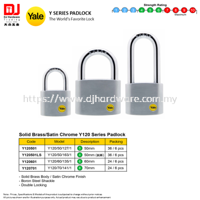 YALE THE WORLDS FAVORITE LOCK Y SERIES PADLOCK SOLID BRASS SATIN CHROME Y120 SERIES PADLOCK DOUBLE LOCKING 50MM 60MM 70MM (CL)