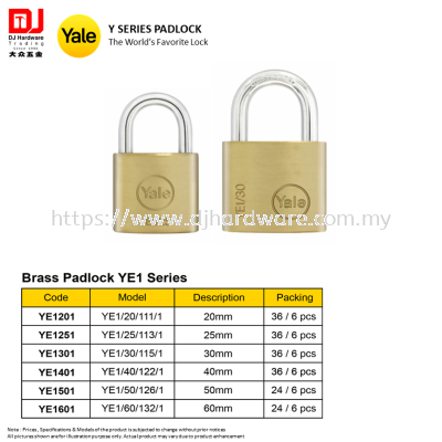 YALE THE WORLDS FAVORITE LOCK Y SERIES PADLOCK BRASS PADLOCK YE1 SERIES 20MM 25MM 30MM 40MM 50MM 60MM (CL)