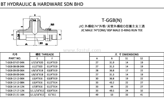 T-GGB(N) JIC MALE 74CONE/ BSP MALE O-RING RUN TEE