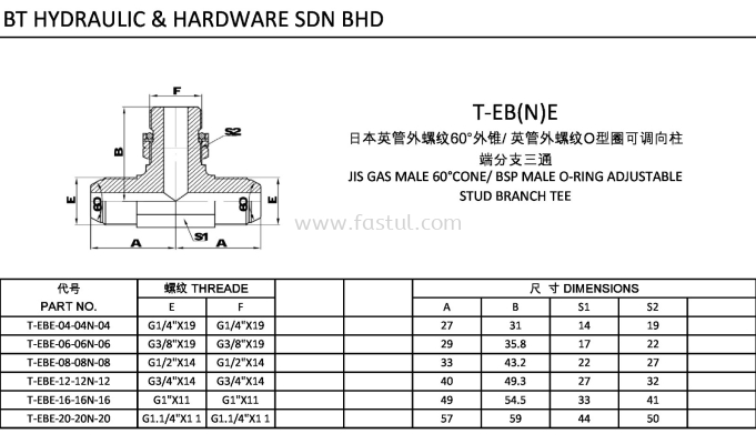 T-EB(N)E JIS GAS MALE 60CONE/ BSP MALE O-RING  ADJUSTABLE STUD BRANCH TEE